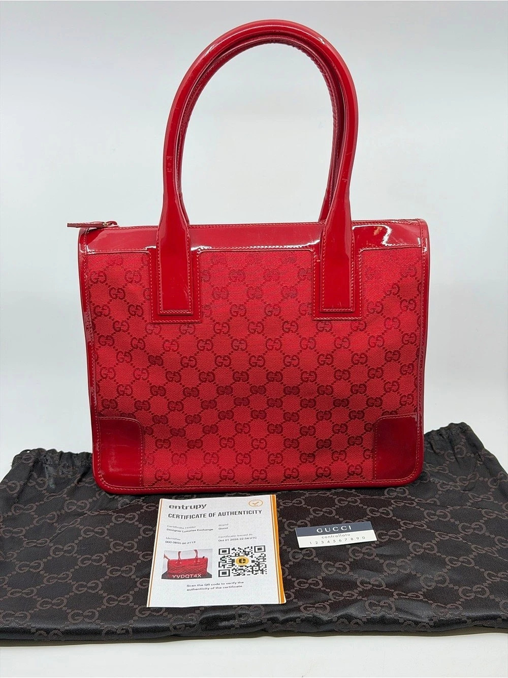 Gucci Vintage GG Canvas Patent Leather Zip Tote Bag Red